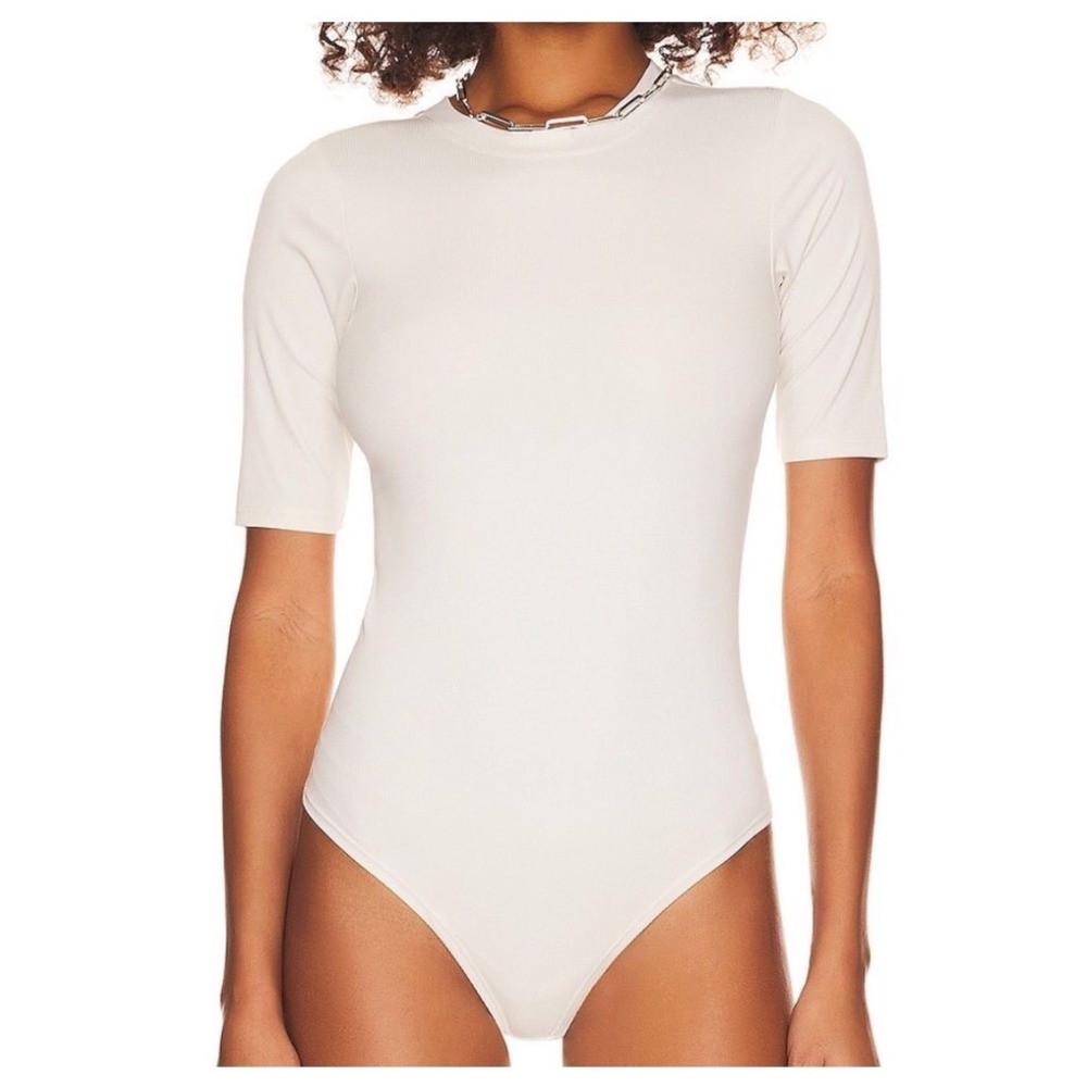Spanx Suit Yourself Ribbed Short Sleeve Bodysuit Cream Ivory Large Crew Neck